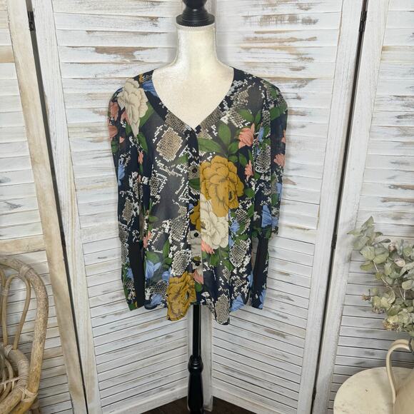 CABI 3762 Womens LARGE Snake Charmer Sheer Dark Floral Blouse Top Balloon Sleeve - Picture 3 of 16